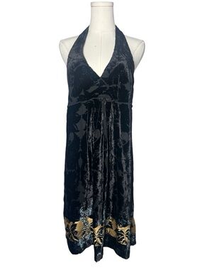 Vintage Black Floral Burnout Velvet Silk Blend Halter Neck Whimsigoth Dress
